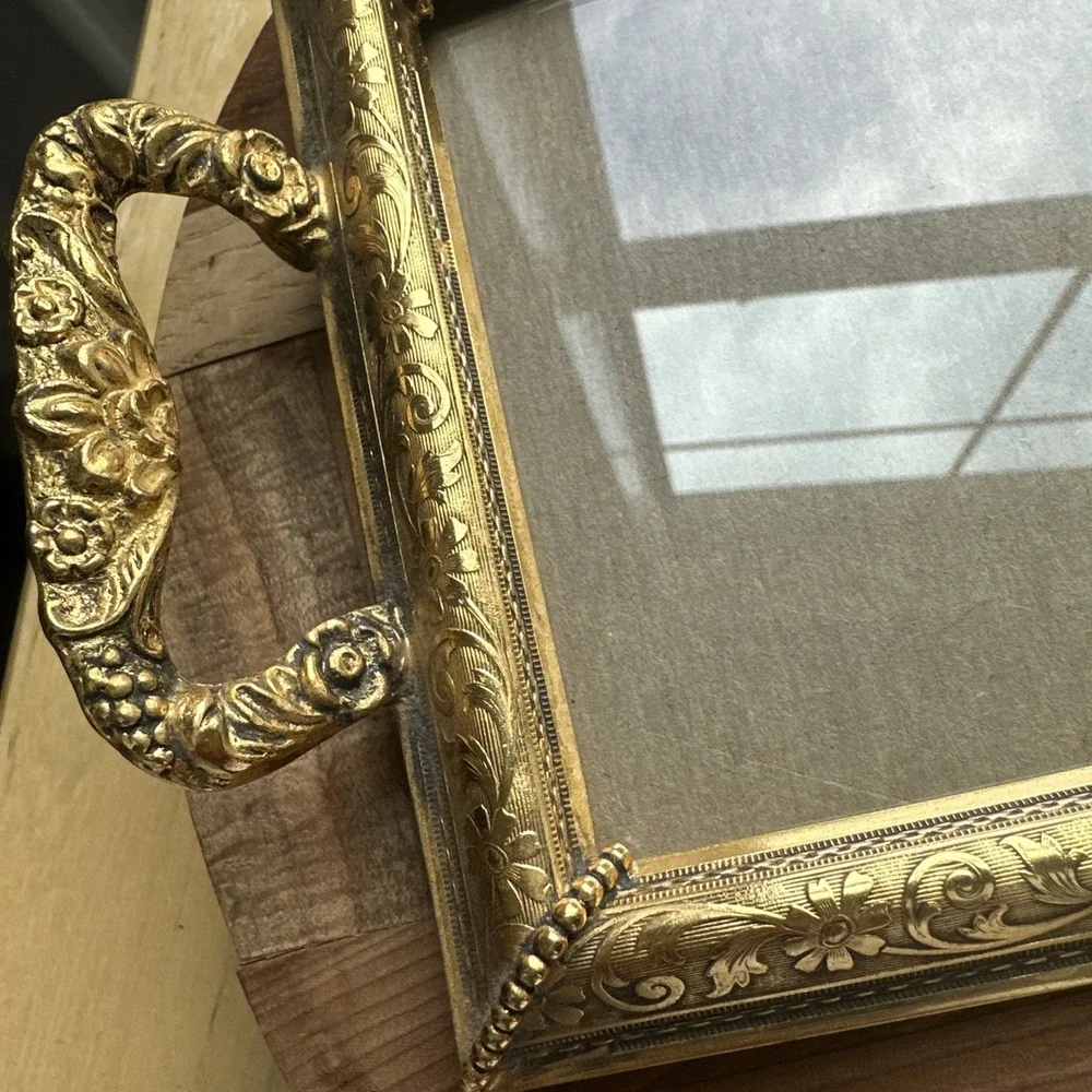 Vintage Picture Vanity Tray 8.5 Inch‎ Handles Velvet Gold Plate Ornate Flowers